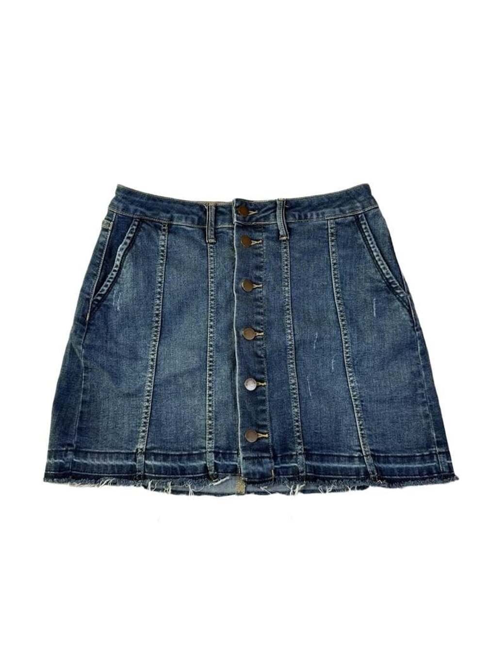 Disclosed Womens Medium Blue Denim Mini Skirt Button Front Raw Hem